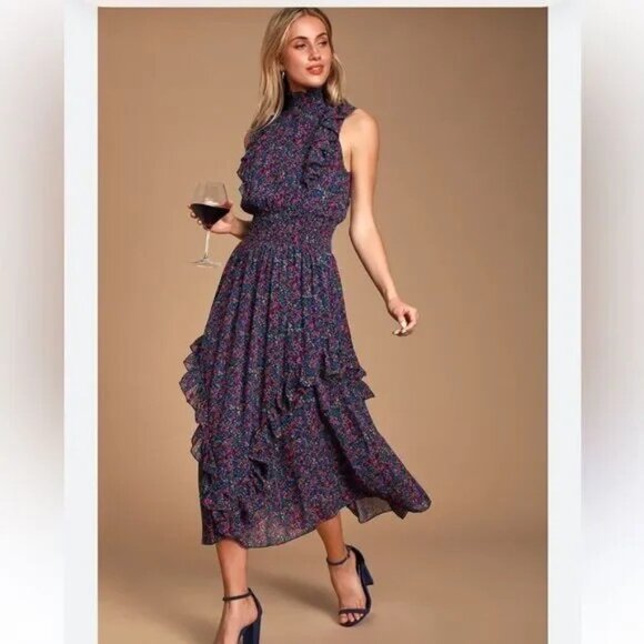 NWOT Lulus Evalina Navy Blue Floral Print Mock Neck Midi Dress - Picture 1 of 4